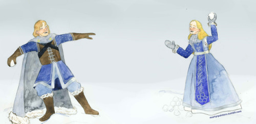 ollivandra: the lord and lady of ithilien, having a very majestic snowball fight, as a tolkien secre