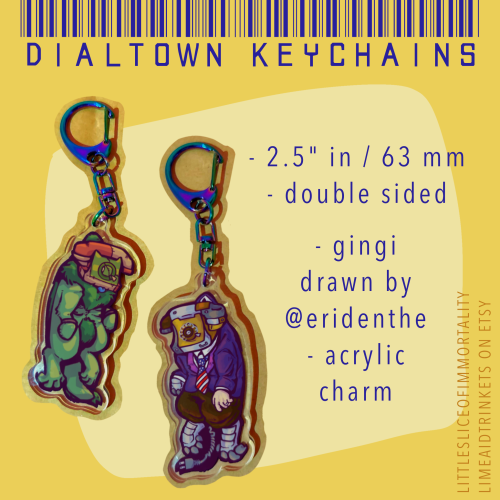 A collage that shows two photos of keychains against a yellow background, and blue text that reads DIALTOWN KEYCHAINS at the top. It pictures the front (Phonegingi) and back (Callum Crown) of the keychain, featuring a design of both figures seeming to be scruffed like cats. Bullet points read: 2.5" in / 63 mm, double sided, gingi drawn by @eridenthe, acrylic charm.