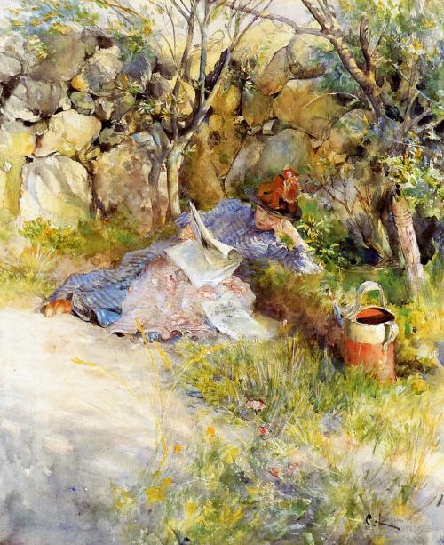 carl-larsson:A Lady Reading a Newspaper, Carl Larsson