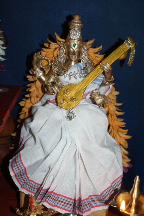 Sri Perumal at Vamana Dvadasi, with Saraswati and ganesha, my household shrine.