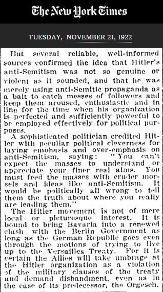  "Hitler's only kidding about the antisemitism" New York Times, 1922 