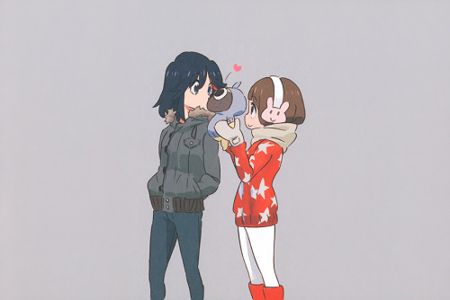 artbooksnat:  Kill la Kill (キルラキル) Mako gives Ryuko a surprise kiss! More adorable art illustrated by the series’ character designer Sushio (すしお), for the Comiket 88 book Sushio Club Love Love KLKL (Mandarake).   stupid dog > .<