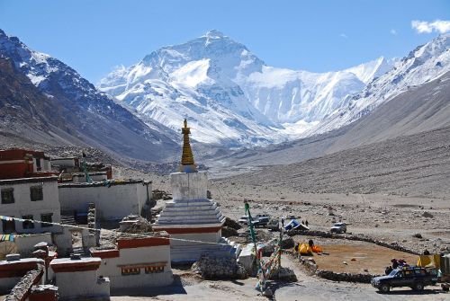 Mount Everest North Face glistens in the morning sun with Rongbuk Monastery (4976m)