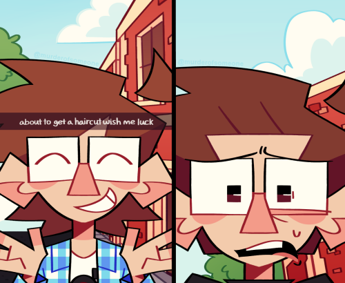 a cartoon illustration of both a younger and older neil cicierega. it's a redraw of the "about to get a hair cut wish me luck" meme where younger, longer haired neil is shown standing against a downtown area with a smile and both hands up with the meme text, but switches over to a distressed, shorter haired, and older neil against a similiar background but angled more frantically to complete it.