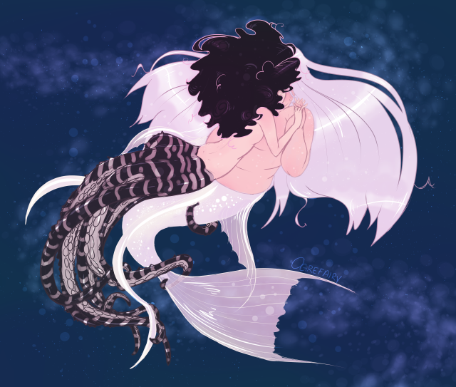 it’s time for gay mermaids yall [ID: a digital drawing featuring two mermaids kissing, their faces blocked form view. They are...