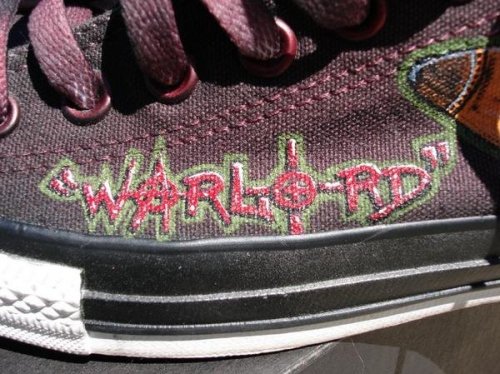 Hand painted ‘Warlord’ custom Converse with hand made aluminum tag and, candy toe and custom lace lo