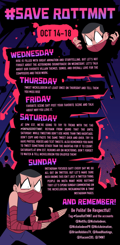 kal-zoni:  Here’s this weeks #saverottmnt schedule (Oct 14-18) RotTMNT Fam! (Foot Recruit themed for this week! )Each weeks schedule is organized by @holymangos on twitter so please follow her for more info and updates and give her a huge thanks for