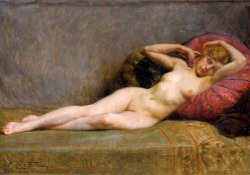 artbeautypaintings:  A woman resting on a red cushion - Paul Sieffert 