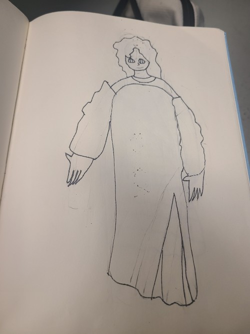 [Image Id- A Uncolored Art Of A Woman With A Slit Dress With Two Puffy Sleeves. Also, Two Necklace, Has