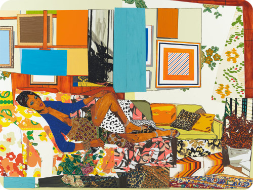 terminusantequem:Mickalene Thomas (American, b. 1971), Tamika sur une chaise longue avec Monet, 2012