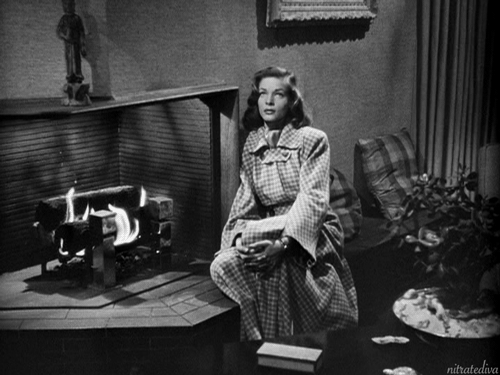 Lauren Bacall in Dark Passage (1947). #1940s#lauren bacall#dark passage#film noir#noir#delmer daves#1940s style#classic film#old movies#classic movies #classic movie gif #cozy#cozy glam#fireplace