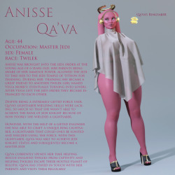 theevolluisionist: First Girl up Anisse Qa’Va Master Jedi If you got any questions feel free to ask 