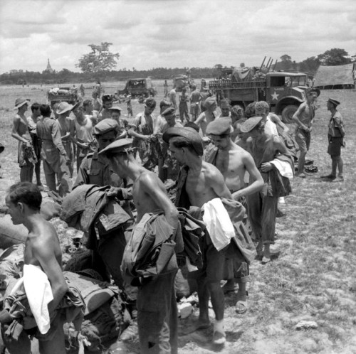 Recently liberated British Army POWs, who were abandoned in Pegu (Bago) by Imperial Japanese troops 