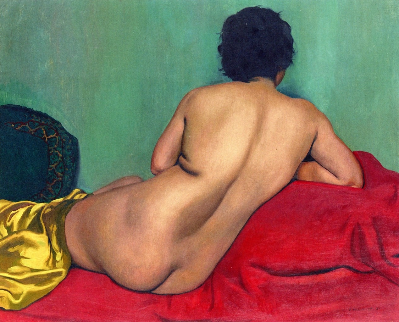 femalebeautyinart:  Nude From Behind on Red Sofa by Felix Vallotton, 1925