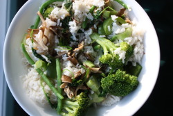 greysquirrels:  Rice, broccoli, green peppers, beans, peas, tomatoes, baby spinach, kale, chard, and maitake mushrooms