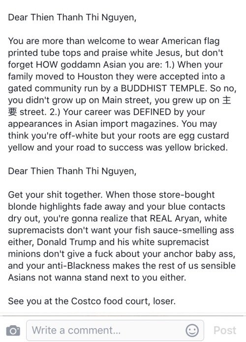royal-piece-of-shit:  lyonnnss:  be-blackstar:  withallduedisrespect:  Yo they read her to filth.  Reblogging without the anti-Asian commentary.  shittttt   