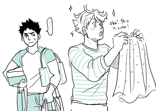 shounenkings:  headcanon time!! oikawa is afab genderfluid… but usually presents masculine and the first time he tries on something femme he gets nervous and asks iwaizumi about it and this is what happens thanks to vivalapluto13 for the scenario idea