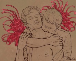 sokuria:Some post-TWotL murder husbands. I’ve been wanting to draw them with spider flowers for a while now since the meaning of the flower is “Elope with me” and it’s just too perfect