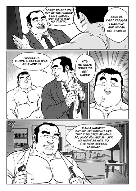 My first comics / manga/ doushinji : An Evening With The Boss is now avalaible in english in a pdf file on https://gumroad.com/l/LEtOT  for 13 USD. #bara#gay bear#manga#comics#doushinji#gay dad