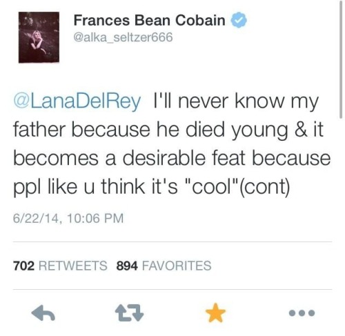 led-leviathan:  preteenager:  Kurt Cobain’s daughter on Lana romanticizing young death/suicide  Kurt would be so proud holy shit 