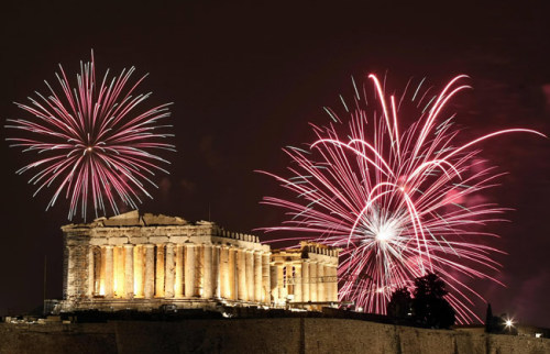 angelkarafilli: Athens New Year Fireworks over the ancient temple of Parthenon at the Acropolis