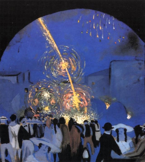 Festa a Figueres, per Salvador Dalí. Guaix i oli en cartó, 22 x 20 cm; 1916.