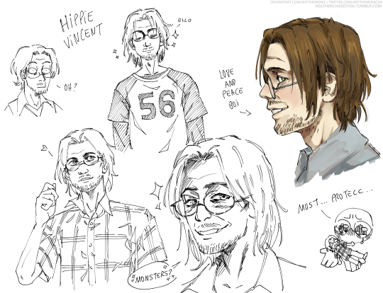 heatherchasesyou:doodles and more doodles of concept art Vincent using some of his beta clothes a-and one of him actually ummm, ah you saw it already okor should i say hippie Vinny-