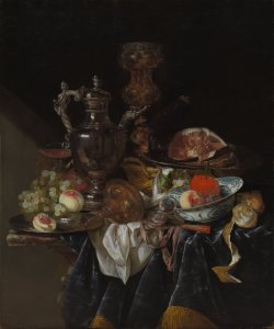 classic-art:  Silver Wine Jug, Ham and Fruit