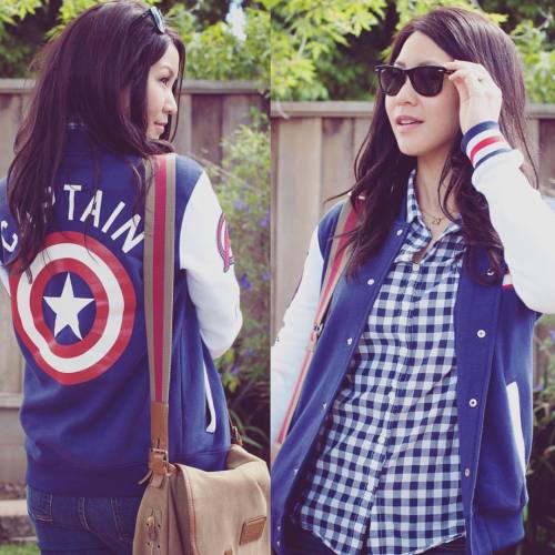 New blog post wearing Captain America varsity jacket from @hottopic! Can&rsquo;t wait to watch! 