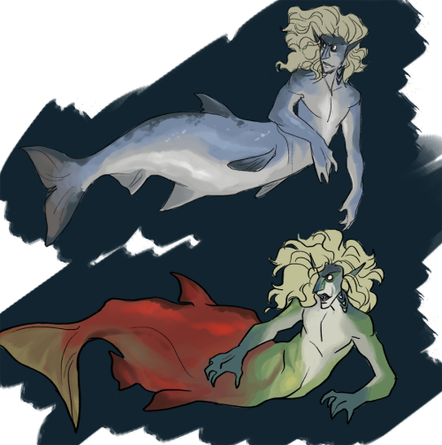 So, Sammy’s deal in the aquarium AU is that he’s a salmon mer who was bred and raised in captivity a