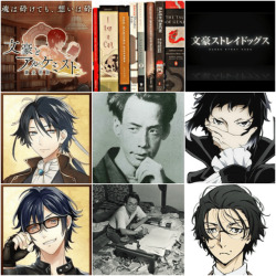 bsd-bibliophile:A comparison between the Japanese literary figure, the Bungo to Alchemist character, and the Bungo Stray Dogs character. It’s fun to see the different ideas for animating these amazing authors based on their lives and works.