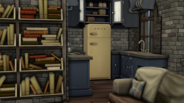 Kitchen with rickety but clean cabinets. Captured in The Sims 4.