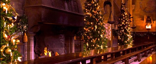 Tables cleared for study break reflect the glimmering Christmas trees and roaring fire in the Great 