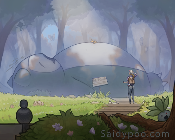 The image is an illustrated scene of a forest the Pokemon world, featuring a white lady trainer gazing in awe at a Snorlax the size of a house. Small Pokemon do can be found around the scene.