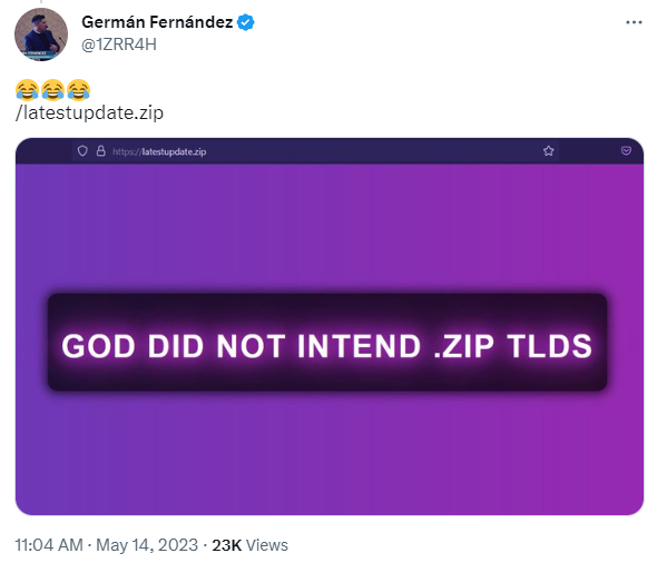 Screenshot of a tweet showing the newly registered latestupdate DOT zip. The new .zip website is gradient purple background with large white text reading, "GOD DID NOT INTEND .ZIP TLDS" https://twitter.com/1ZRR4H/status/1657809133704192001