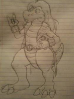 Herra Hevisaurus notebook doodle, made the other day as I waited to see the doctor.  My scanner&rsquo;s currently not working, so here is a cel-phone snapshot. I need to draw the other members of the band soon lol.