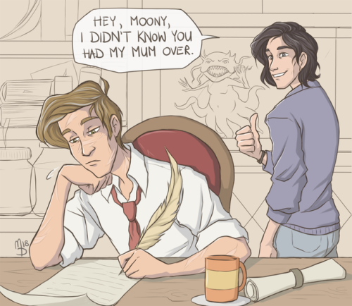 wingedcorgi: bothering remus at work.a birth gift for @maria-tries!! 