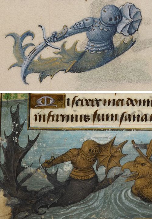 Merknight, 1486-1506 (top). Wild Men and a water-borne joust between grotesques, Flemish, about 1480