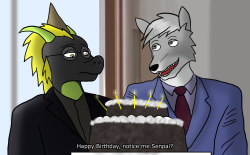 “I heard you had a pistachio cake for your birthday and you didn’t even like pistachio&hellip;..so I made CHOCOLATE!”This is a parody scene of one in Kamen Rider OOO, and for Fuze’s birthday where Jadefire tries to impress him and maybe cheer