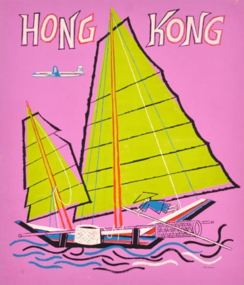 vintagepromotions: Japan Air Lines (JAL) travel poster promoting flights to Hong Kong (c. 1950). Des