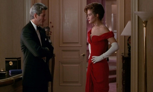 Pretty Woman, 1990Costume design: Marilyn Vance red off-shoulder chiffon gown with white opera glove