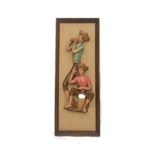 Mid-century wall hanging Link in profile or DM 9.25 x 24” chalkware figures on burlap backing, fram