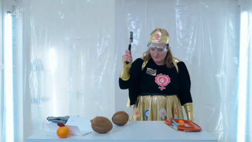 [ID: Six screencaps from Taskmaster, showing each contestant attempting to open a coconut. Johnny Ve
