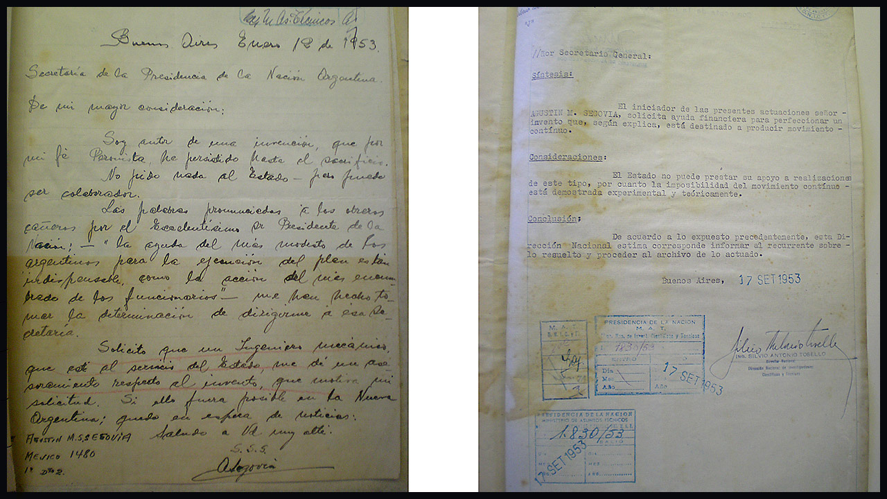 “ Movimiento contínuo - Móvil Perpetuo “ Se revisaron unas 500 cartas con propuestas que le gente le envió tras un pedido hecho en 1951 desde la Presidencia. Cohetes, ovnis y un tren bala, entre los inventos que le ofrecieron a Perón.