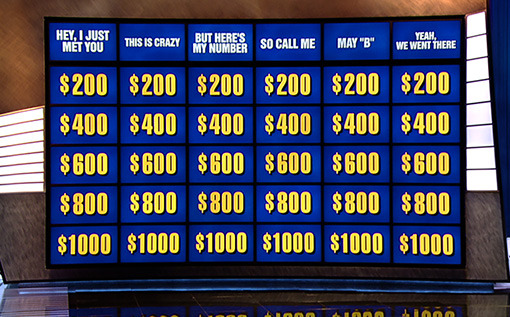 And here’s a more official photo of history’s greatest round of Jeopardy. (Fittingly, it’s from the teen tournament.)