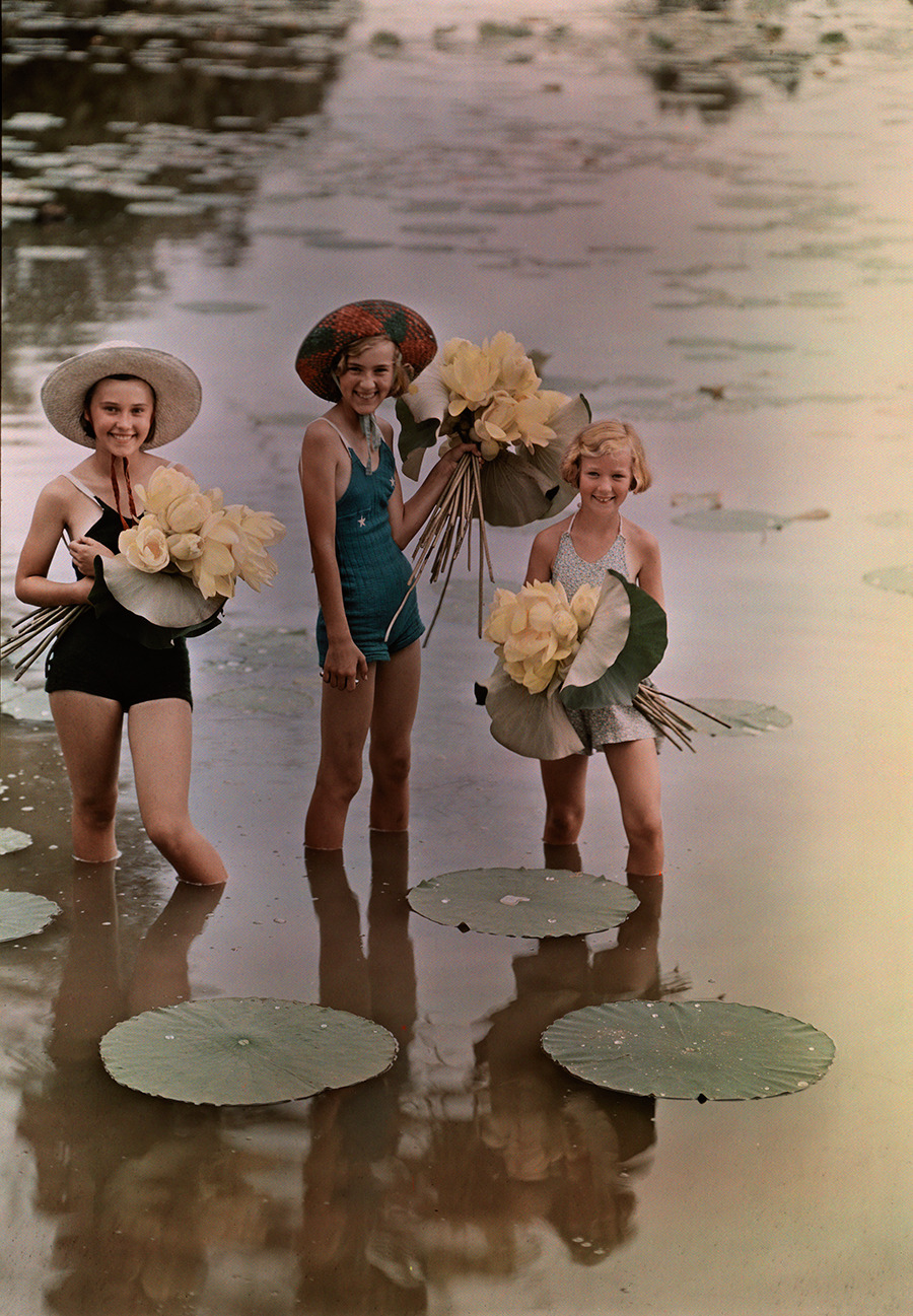 Girls standing in water holding bunches of American Lotus, Amana, Iowa, November