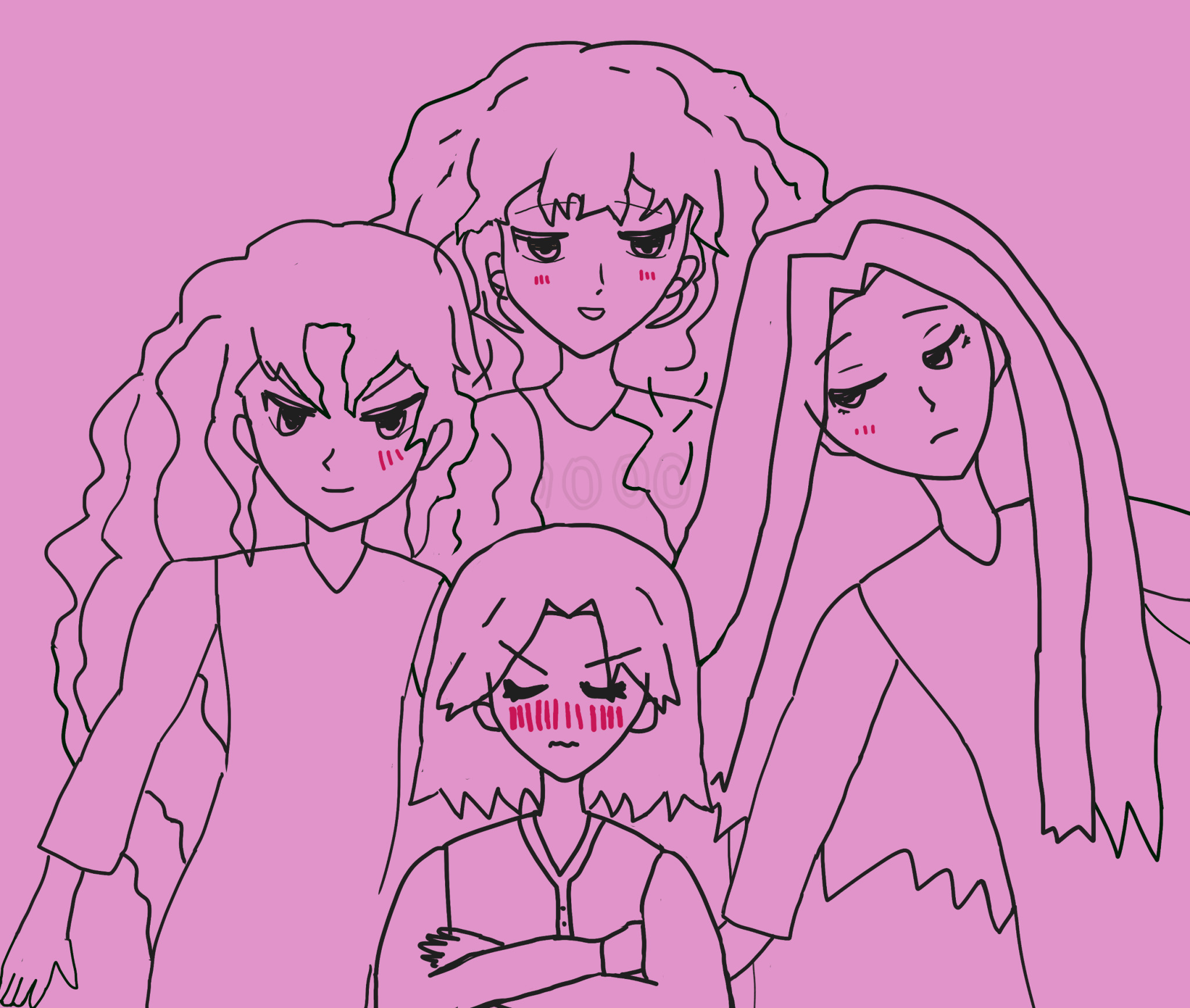 rayan is on the left with a spirited boyish smile, long wavy hair, and blushing slightly, kiran is in the middle looking like the typical love interest guy with falling wavy hair, a smile and blushing slightly, and alejandro is on the right frowning down at antonio and blushing slightly. antonio is below implying he's thinking about the three with crossed arms, blushing a great deal with closed eyes and drawn brows and upset look. the canvas is lavenderish pink.