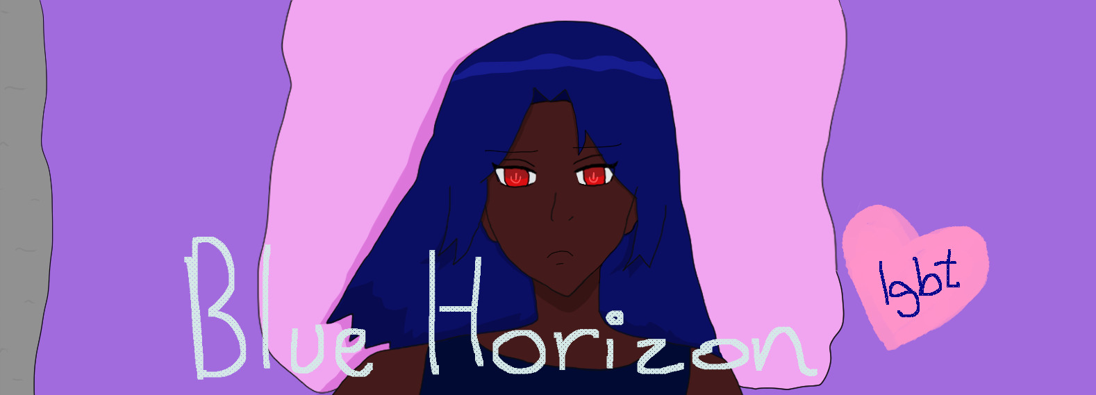 An anxious-looking Antonio with a pouty frown staring at the ceiling while lying in a lavender sheet-covered bed, head atop a pink pillow. He has dark blue hair like waves and dark brown skin, and his eyes are a glowing supernatural red. He wears a blue tanktop. It says "Blue Horizon" and LGBT in a heart.