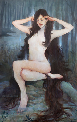 annakszalas:  Rusalka is a slavic nymph luring men into waters and drowning them. Her presence was also connected to swamp will-o-wisps. acrylic and oil paint on paper and wood19.6x31.4 inches 