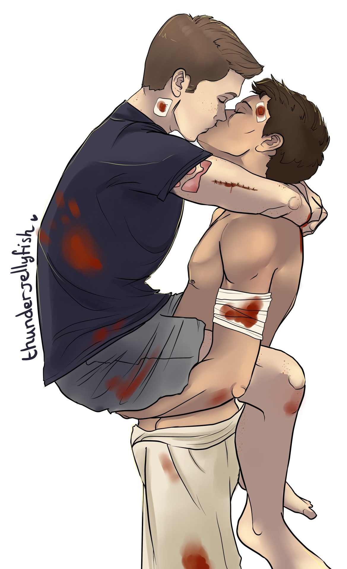 thunderjellyfish:Sometimes I just need to draw them bloody and almost undressed. *Headcanon